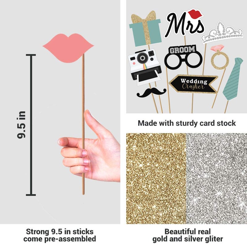 Perfect Occasion Fully Assembled Wedding Photo Booth Props - Set of 40 - Gold, Pink, Teal, & Silver Selfie Signs - Wedding Party Supplies & Decorations - Cute Designs with Real Glitter - Did We Mention No DIY - Image 3